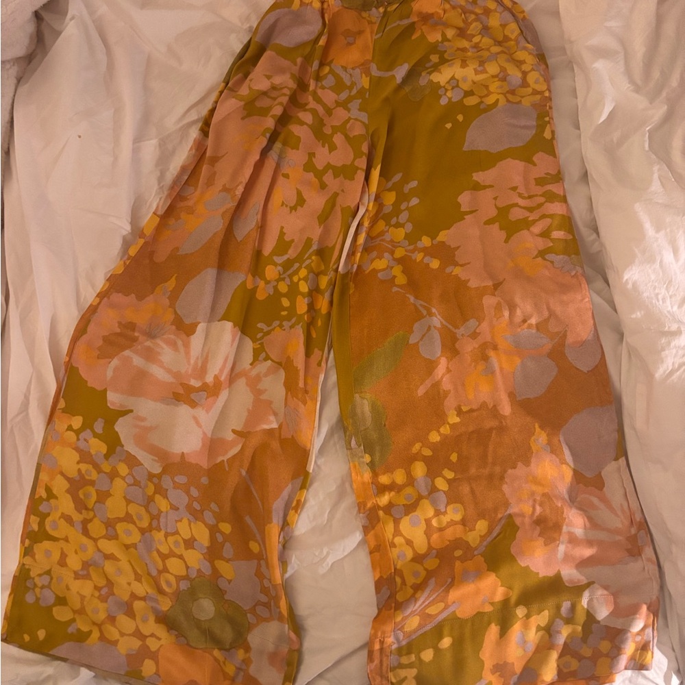 Floral Wide-Leg Pants in Mustard and Peach